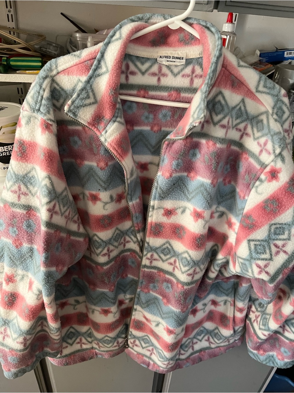 Alfred Dunner Pink, Blue & White Patterned Fleece Zip Jacket